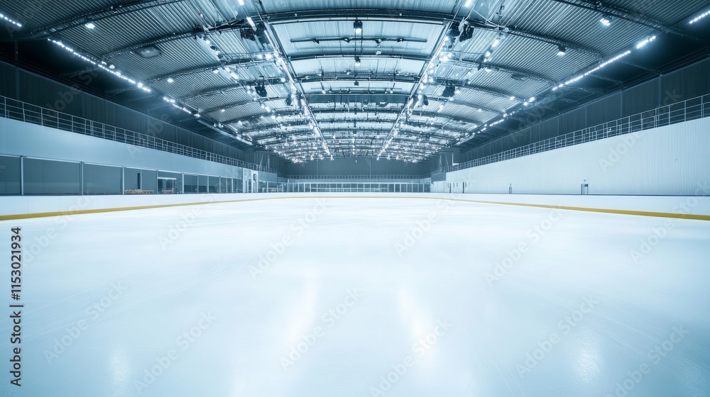Poster a pristine ice skating rink with neatly arranged skates and safety gear, an open, well-lit arena wit