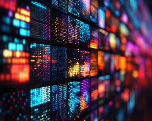 Abstract entertainment wall with colorful vibrant multimedia streaming, dynamic channel images, futuristic digital background for media and entertainment