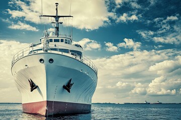 Naklejka premium A ship docked on water under a cloudy sky.