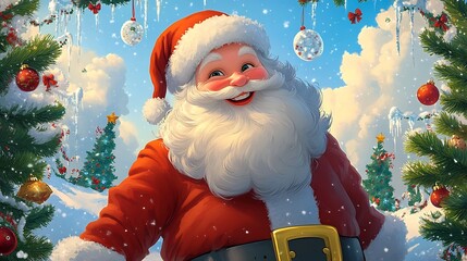 Joyful Cartoon Style Santa Claus in Vibrant Wintry Landscape with Holiday Decor