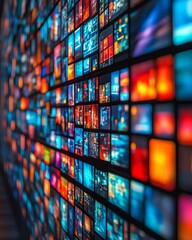 Fototapeta na wymiar Colorful vibrant abstract entertainment background, multimedia streaming wall with dynamic channel images, modern design for immersive media experience