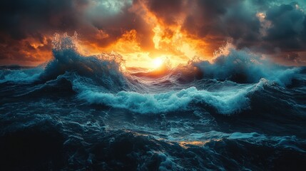 Fototapeta premium Dramatic ocean waves at sunset with fiery sky and turbulent sea