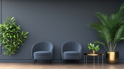 Two blue velvet armchairs flank potted plants against a dark gray wall in a modern interior design.