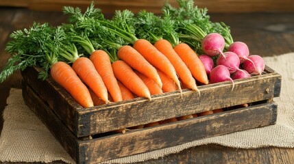 Fresh harvest: rustic wooden crate of carrots and radishes on burlap