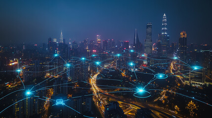 Smart digital city with connection cyber security network reciprocity over the cityscape . future smart wireless digital city and social media networking systems that connects people within the city