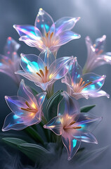 Fototapeta premium A beautiful spectrum of Alstroemerias flowers with delicate, translucent petals illuminated by soft light. Created with generative AI