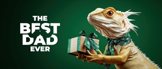 Fototapeta premium Hilarious Lizard Dad Holding Gift: The Best Dad Ever Fathers Day Card