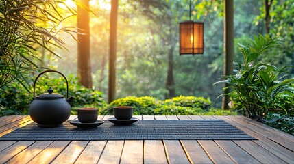 A serene tea ceremony setup with traditional teaware on a simple wooden table Stock Photo with side copy space