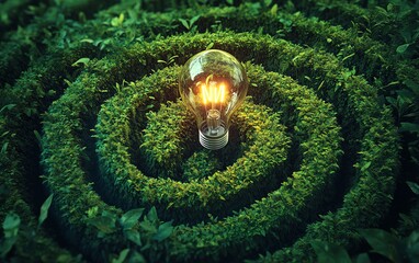 Illuminated lightbulb at the center of a vast green maze, representing a breakthrough idea and solution amidst a challenging, natural environment