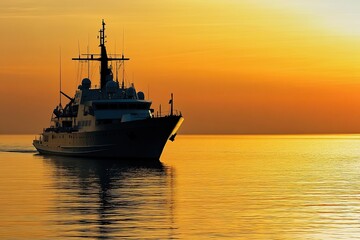 Obraz premium A silhouette of a ship against a sunset backdrop.