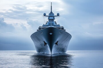 A sleek ship navigating calm waters under a cloudy sky.