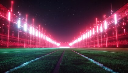 Nighttime stadium filled with cheering fans, bright lights illuminating green grass, vibrant energy and excitement, generative AI stadium concept