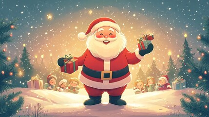 Joyful Santa Claus Delivers Christmas Gifts to Children in Whimsical Cartoon Style