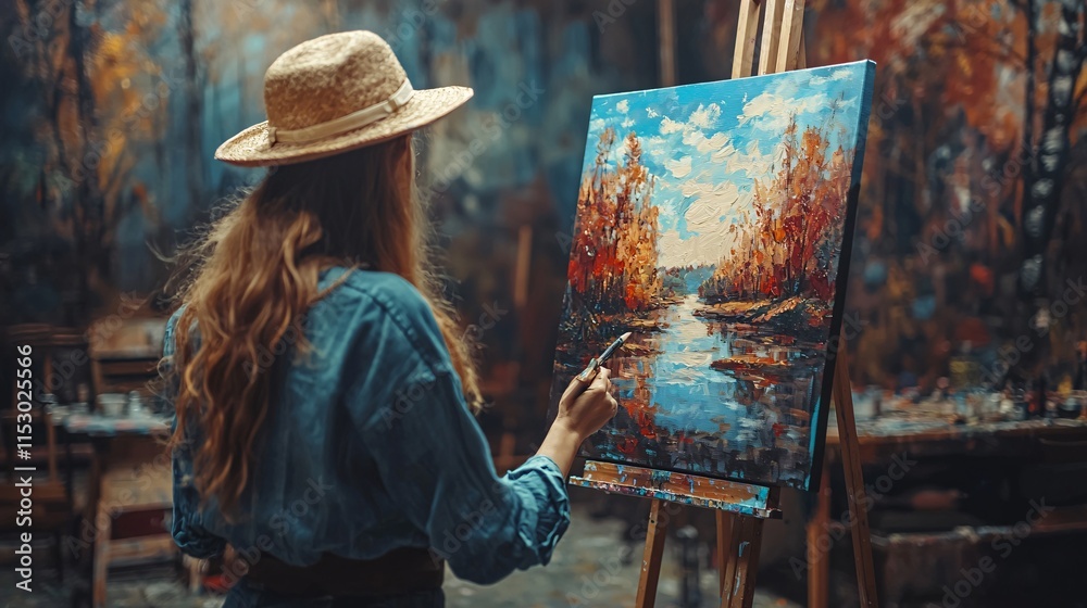 Aufkleber a person sketching a zen-inspired landscape on a blank canvas in a quiet studio stock photo with sid