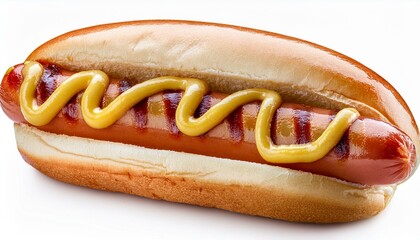 Generated imageIsolated on white, a classic hot dog with a golden mustard drizzle, griddle marks, and a soft bun.