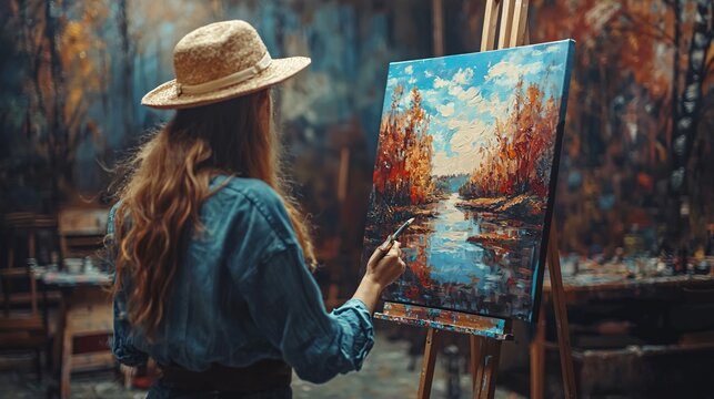 A person sketching a Zen-inspired landscape on a blank canvas in a quiet studio Stock Photo with side copy space