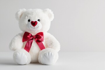Cuddly white teddy bear with red bow minimalist studio toy photography soft lighting