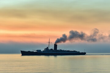 Fototapeta premium A vintage ship emits smoke against a colorful sunset.