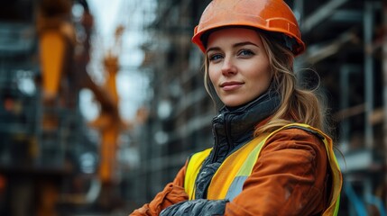 Confident female construction worker in safety gear on site