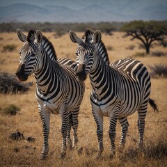 Naklejka premium Two plains zebras in natural habitat, South Africa.