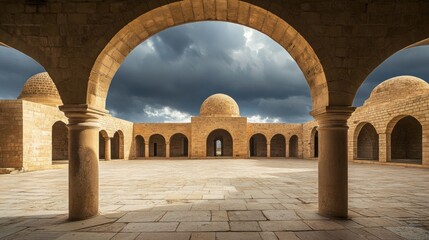A serene courtyard with arches and domes under a dramatic sky.