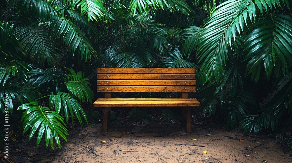 Poster a rustic wooden bench in a quiet garden surrounded by lush greenery and calm energy stock photo with
