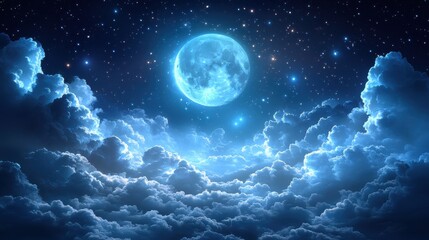 Fototapeta premium Majestic full moon illuminating night sky and clouds under starry heavens