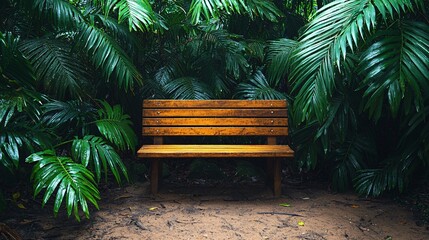 A rustic wooden bench in a quiet garden surrounded by lush greenery and calm energy Stock Photo with side copy space