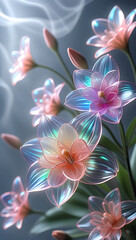 Fototapeta premium A beautiful spectrum of Alstroemerias flowers with delicate, translucent petals illuminated by soft light. Created with generative AI