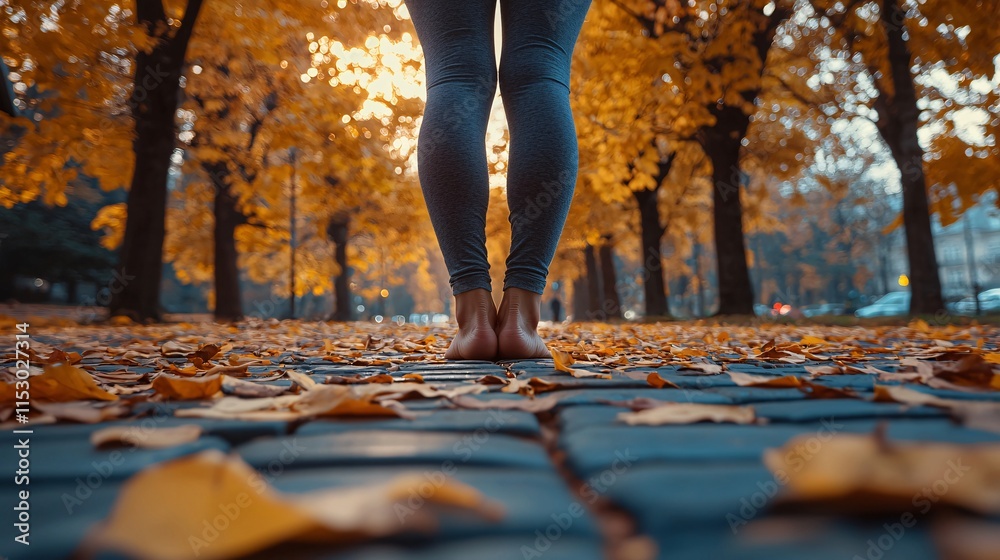 Poster A harmonious moment of balance as a person practices tree pose in a park Stock Photo with side copy space