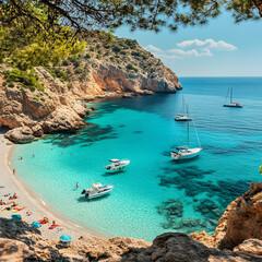 Obraz premium Secluded Cove, Turquoise Waters & Sandy Beach, Boats Anchored, Sunny Day Escape
