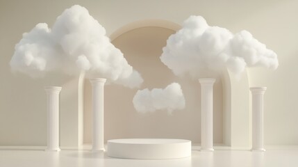 White platform with clouds and pillars.