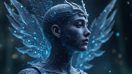 Digital deity Artemis composed of circuit paths motherboard texture with glowing LED elements