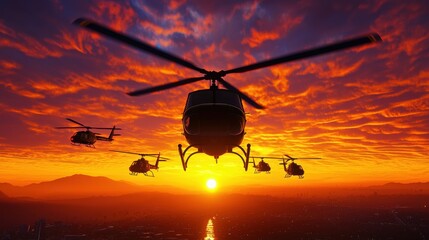 Military Helicopter Silhouetted Against a Vibrant Sunset Skyline