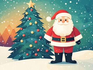 Proud Santa Claus Stands Next to Massive Festive Pine Tree in Geometric Winter Wonderland