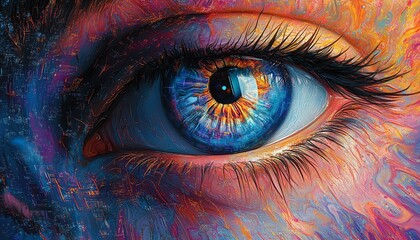 Intricate eye design featuring a human iris and digital circuit patterns, vibrant futuristic colors, ultrahigh definition