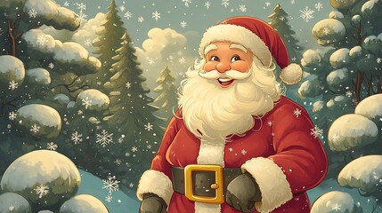Smiling Santa Claus Admiring the Beauty of a Snowy Forest in a Cozy Cartoon Style