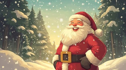 Jolly Santa Pausing in Enchanting Snowy Forest Scene Festive Cartoon Style