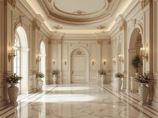 Fototapeta premium Long exposure captures a taupe wall and marble floor.