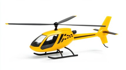 Fototapeta premium Yellow Toy Helicopter Model Flying Over Urban City Skyline