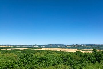 Scenic summer landscape featuring a vast, expansive view of lush green forests and golden fields under a clear blue sky.