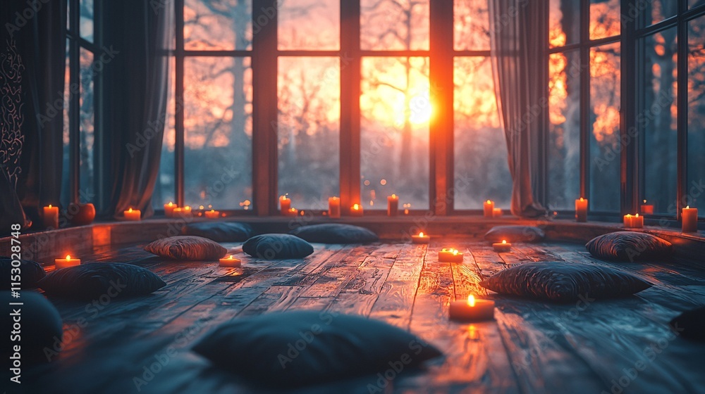 Poster a peaceful evening meditation session in a room filled with candles and soft cushions stock photo wi
