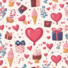 Charming Valentine s Day Themed Cartoon Pattern with Hearts Gifts and Sweets