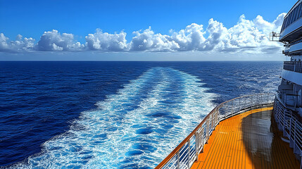 Obraz premium Ocean Cruise, Ship's Wake Trails Across Deep Blue Waters Under a Sky of Puffy Clouds