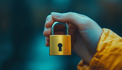 Realistic hand holding a tiny gold padlock, blue background enhancing the shiny golden color, ultraHD detail