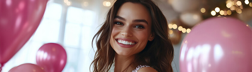 Fototapeta premium Smiling Woman with Pink Balloons; Festive Portrait Photography Background, Joyful Celebration Atmosphere, Brightly Lit Scene