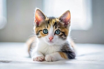 Calico Kitten Napping on White Background: Adorable Pet Photography
