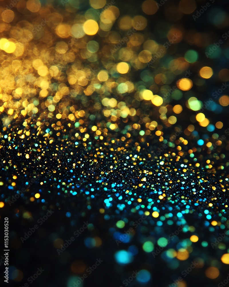 Poster a dynamic bokeh glitter textured background filled with radiant gold, blue, and green lights, creati