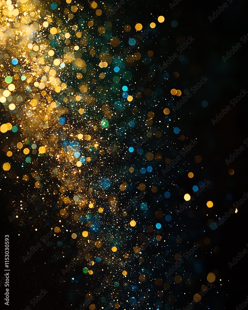 Poster a dynamic bokeh glitter textured background filled with radiant gold, blue, and green lights, creati