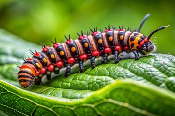 Candid Close-Up of a Black and Red Caterpillar on a Leaf